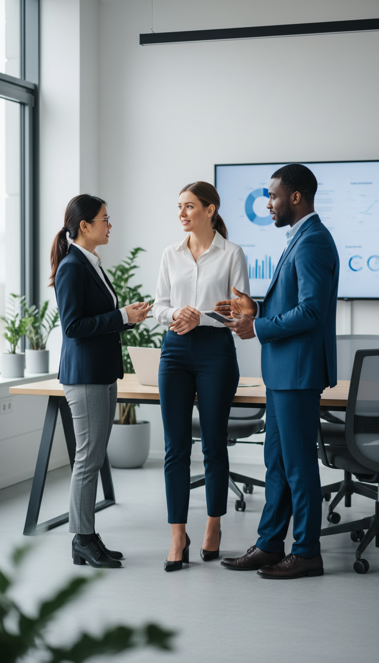 Professionals collaborating on occupational health processes in a corporate environment
